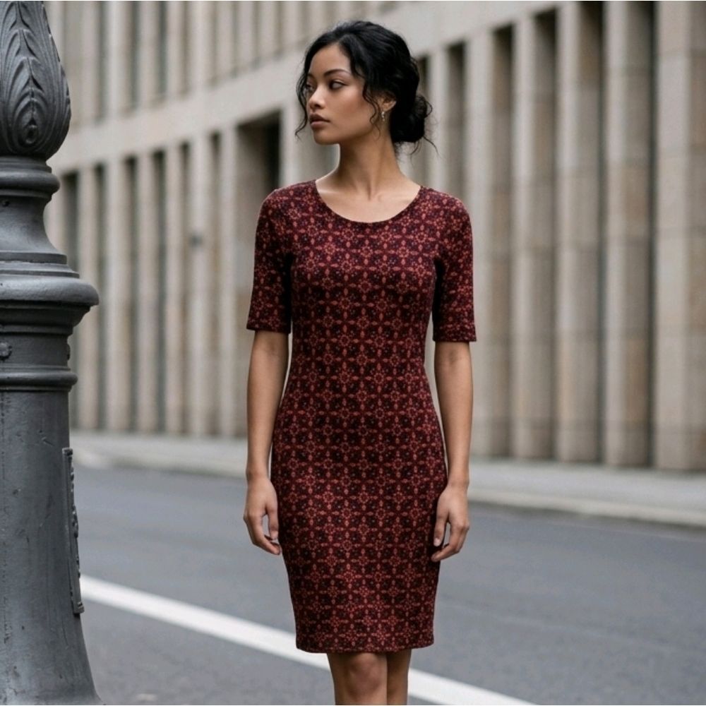 LuLaRoe Julia Dress Small Burgundy Boho Medallion Bodycon Stretch Knee Length